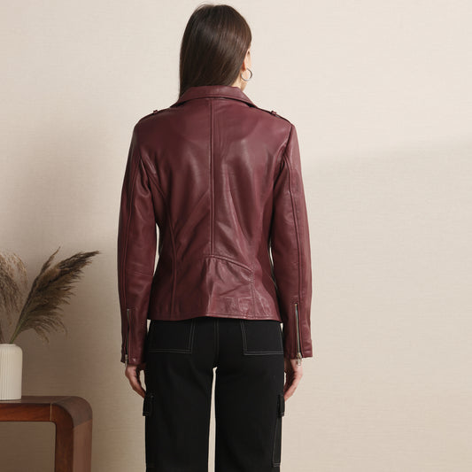 The Crimson Échelon – Women’s Leather Biker Jacket
