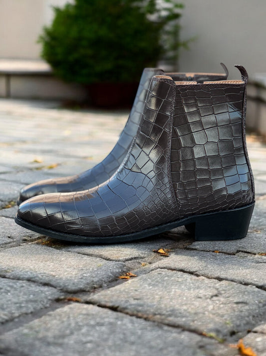 Regal Fang – Croc-Embossed Chocolate Leather Boots