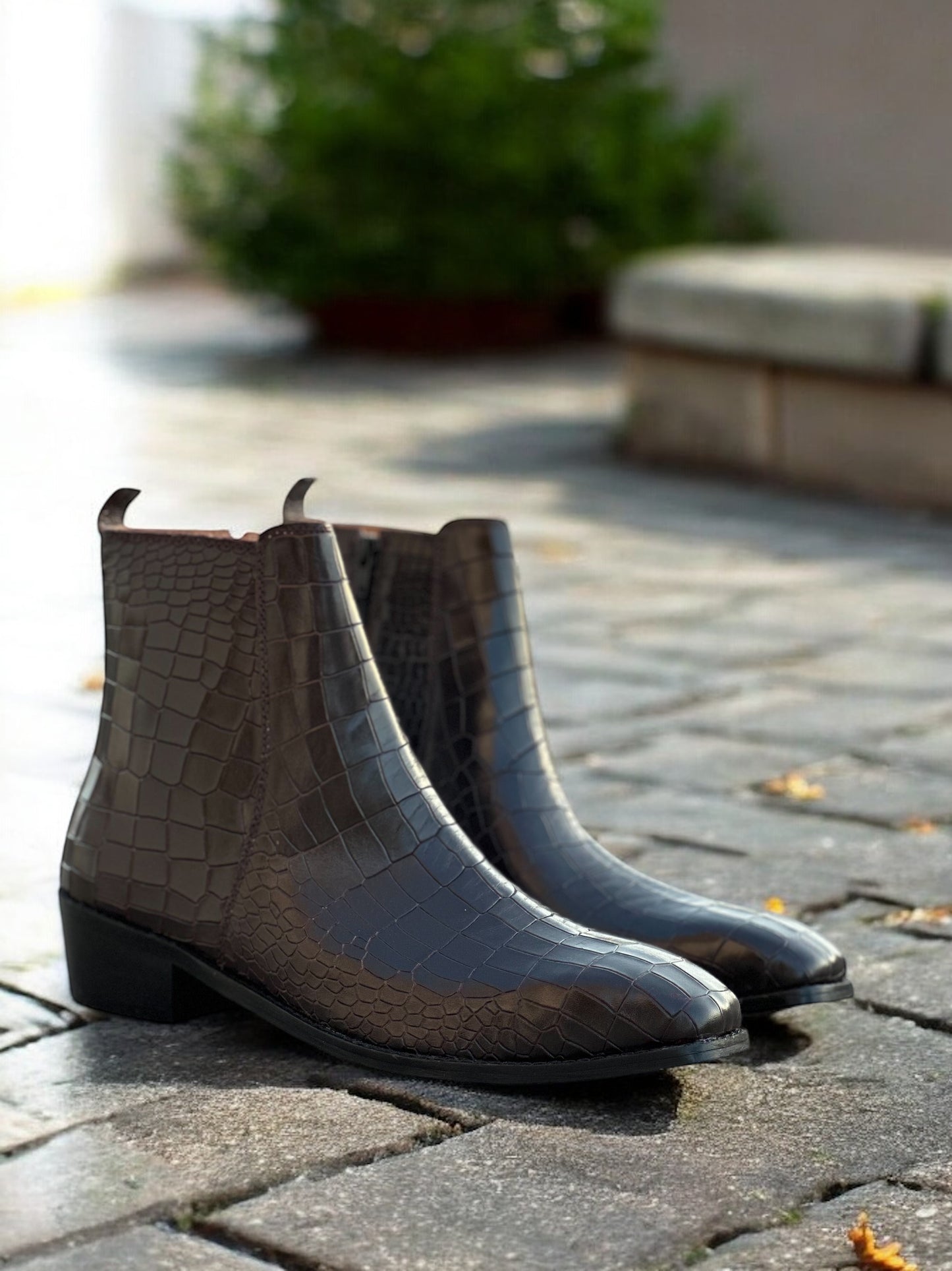 Regal Fang – Croc-Embossed Chocolate Leather Boots