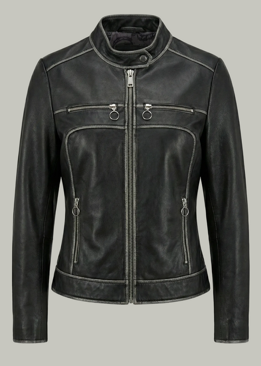 Black leather jacket on a gray background
