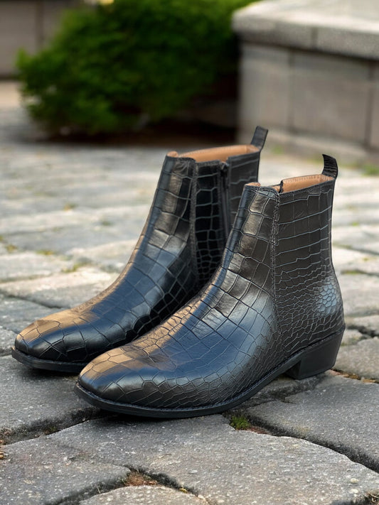 Obsidian Sovereign – Black Croc-Embossed Leather Dress Boots