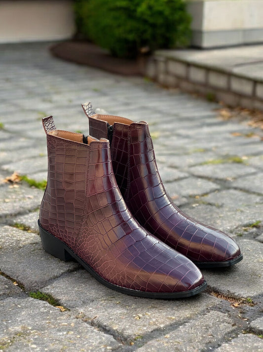 Winecaster Royale – Oxblood Croc-Embossed Leather Zip Boot
