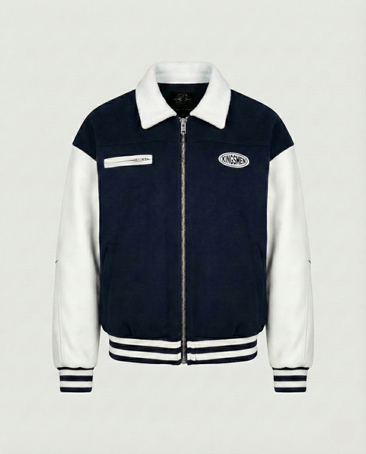 Navy and white varsity jacket with a brand logo on a light gray background