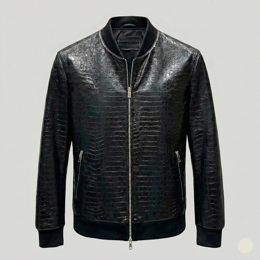 Black leather jacket with crocodile texture on a gray background