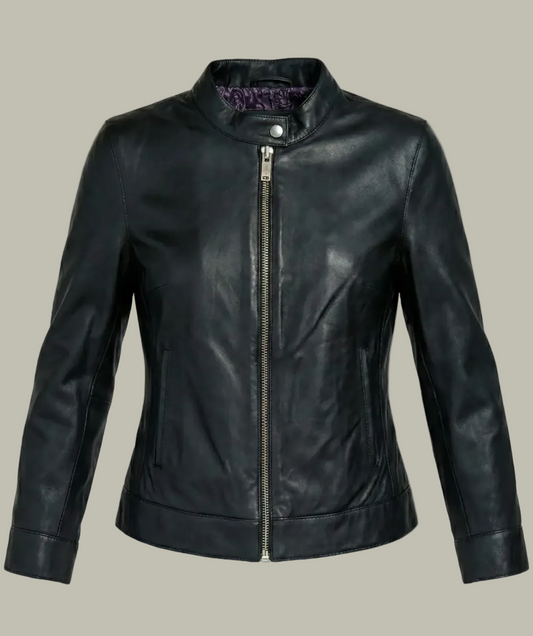 Women's black sheepskin leather racer jacket with a band collar and minimalist silver hardware by Kingsmen Couture