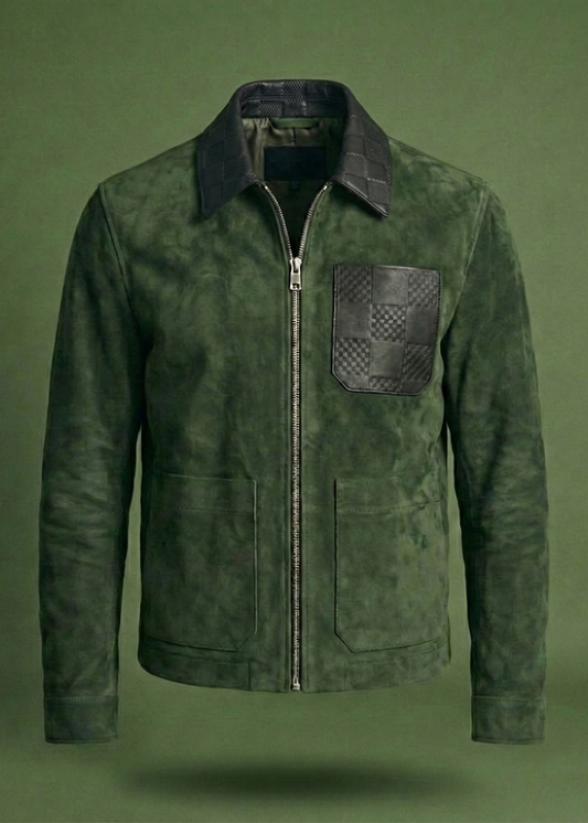 Men's green suede field jacket featuring a black checkered leather collar and chest pocket by Kingsmen Couture.