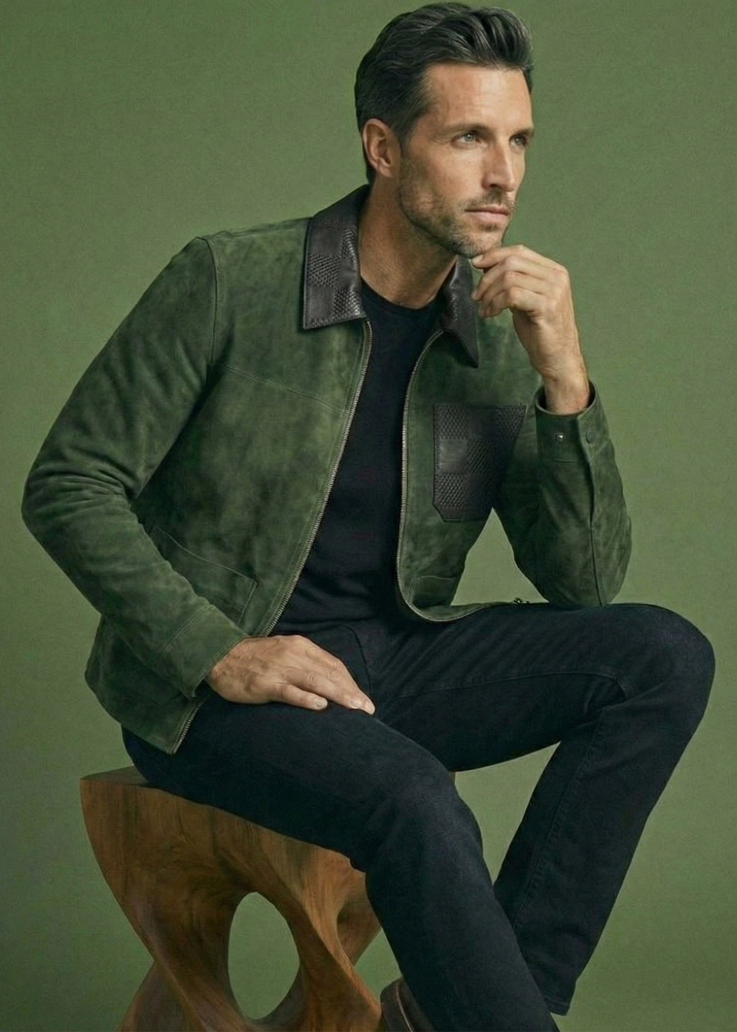 Men's green suede field jacket featuring a black checkered leather collar and chest pocket by Kingsmen Couture.