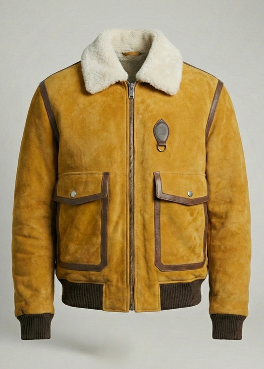 Tan suede aviator jacket with white shearling collar and ribbed cuffs by Kingsmen Couture.