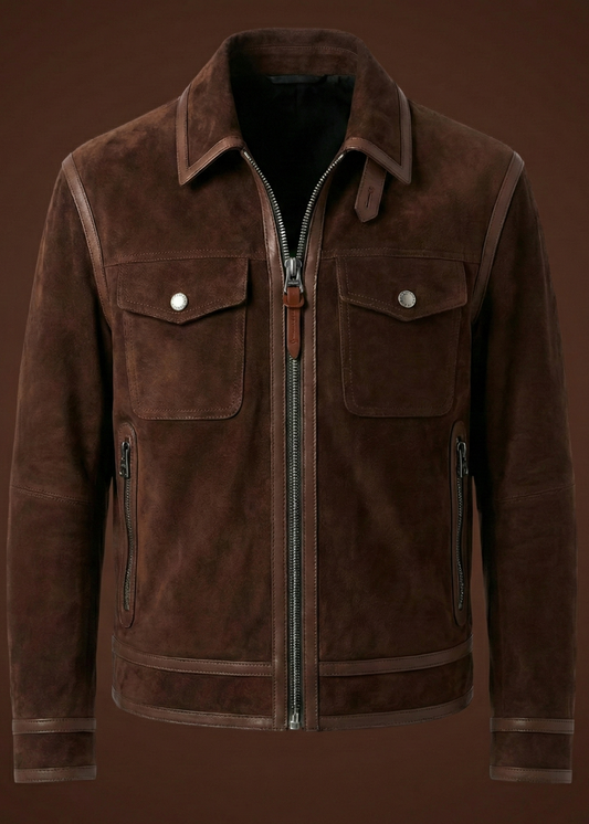 Men's dark brown sheepskin suede jacket featuring polished leather borders, silver hardware, and a pointed collar by Kingsmen Couture.