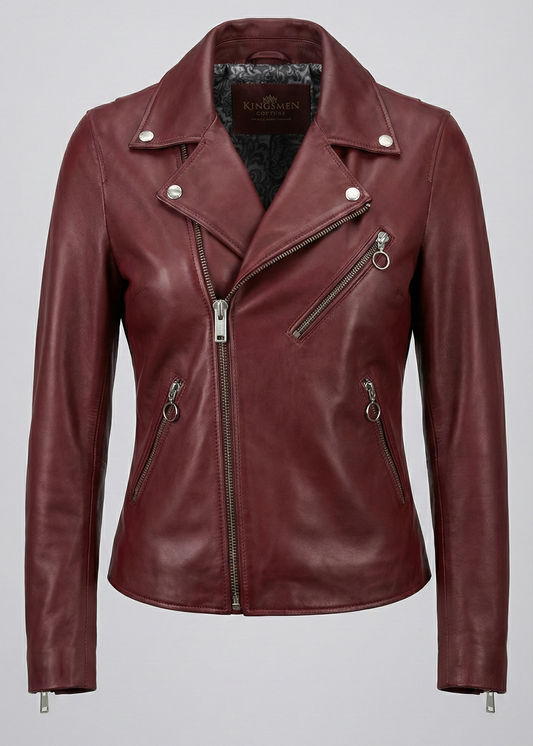 Women's burgundy sheepskin leather asymmetrical biker jacket with silver O-ring zippers by Kingsmen Couture.