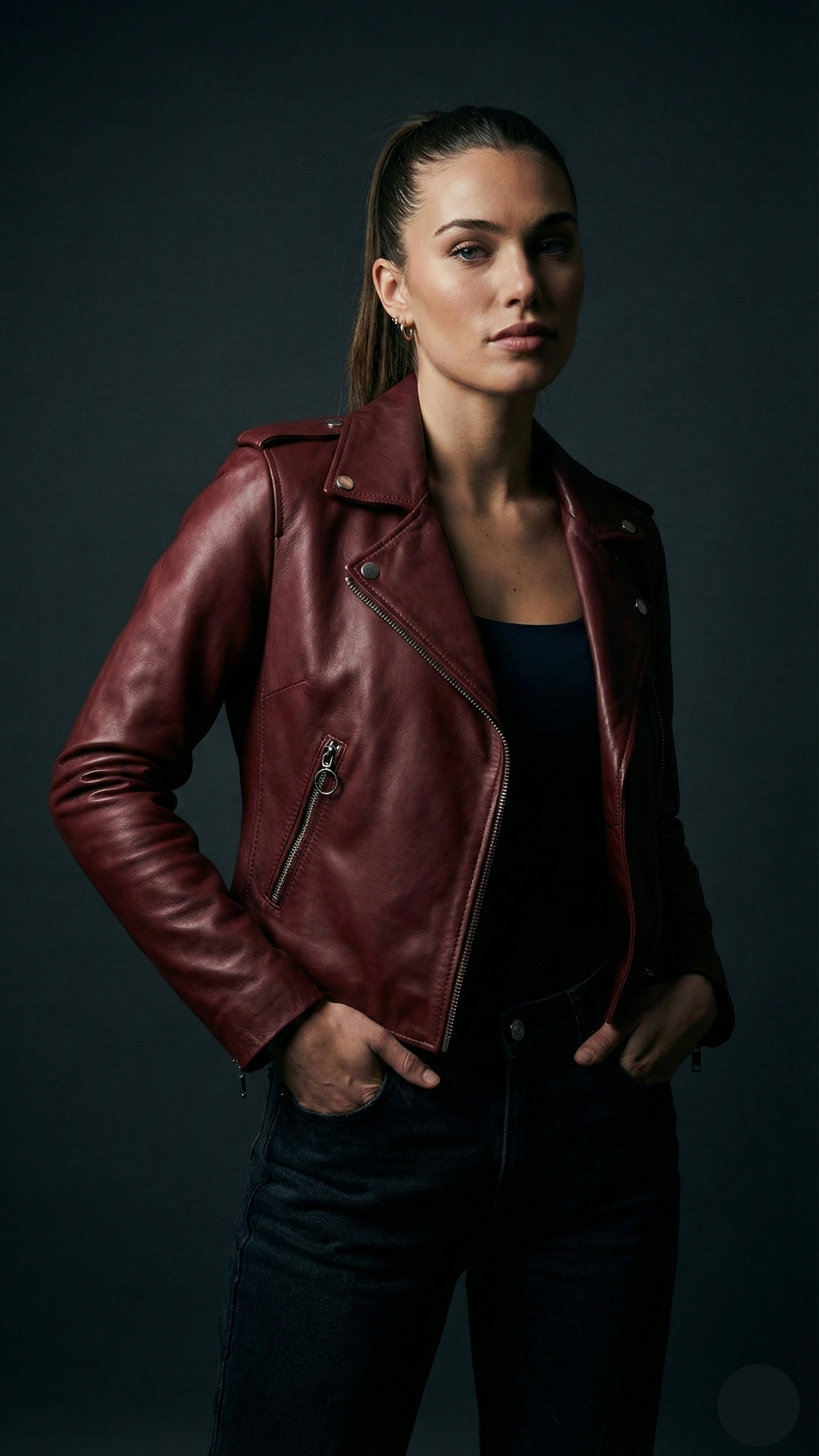 Women's burgundy sheepskin leather asymmetrical biker jacket with silver O-ring zippers by Kingsmen Couture.