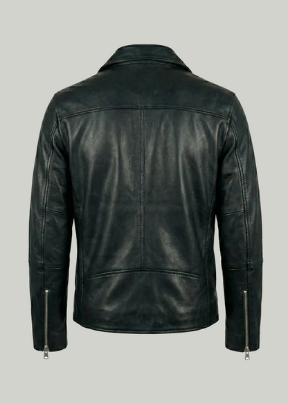 Men's black leather asymmetrical biker jacket with notched lapels and silver hardware by Kingsmen Couture.