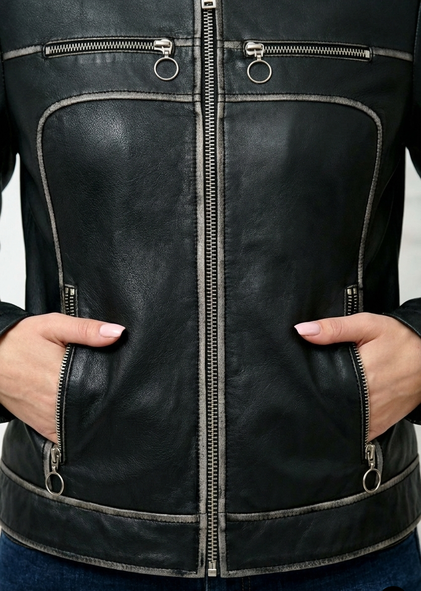 Close-up of a black leather jacket with zippers and hands in the pockets.