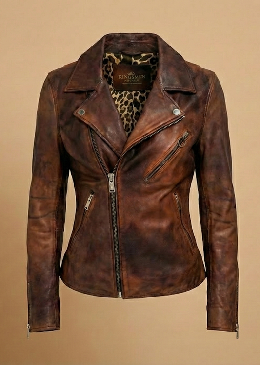 Women's distressed brown sheepskin leather biker jacket with silver hardware and animal print lining by Kingsmen Couture.
