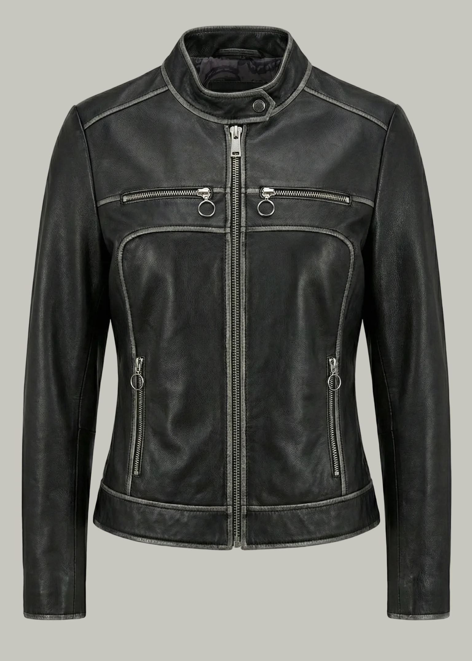 Black leather jacket on a gray background