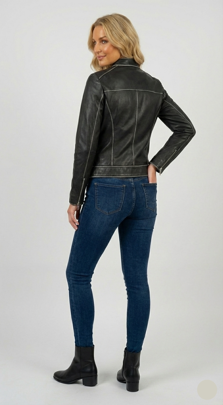 Woman wearing a black leather jacket and blue jeans on a white background