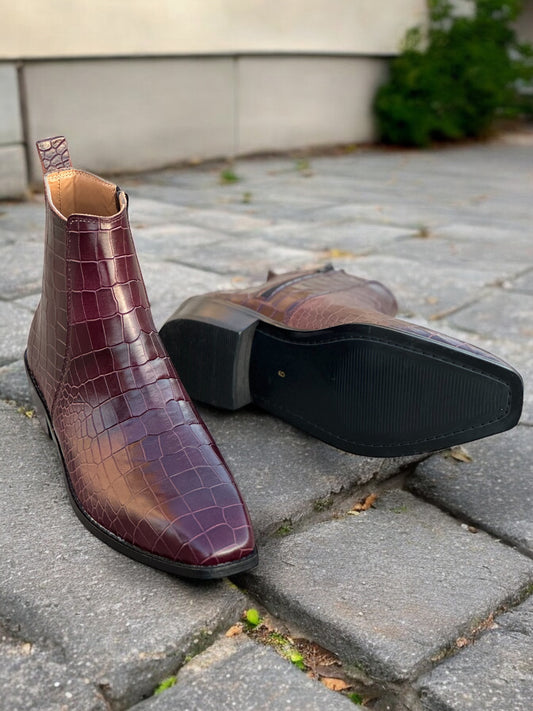Winecaster Royale – Oxblood Croc-Embossed Leather Zip Boot