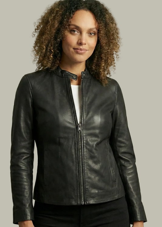 Women's black sheepskin leather racer jacket with a band collar and minimalist silver hardware by Kingsmen Couture