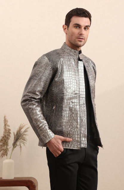 Stormscale – Metallic Crocodile Embossed Leather Jacket