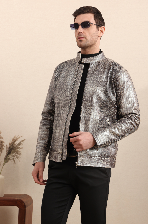 Stormscale – Metallic Crocodile Embossed Leather Jacket