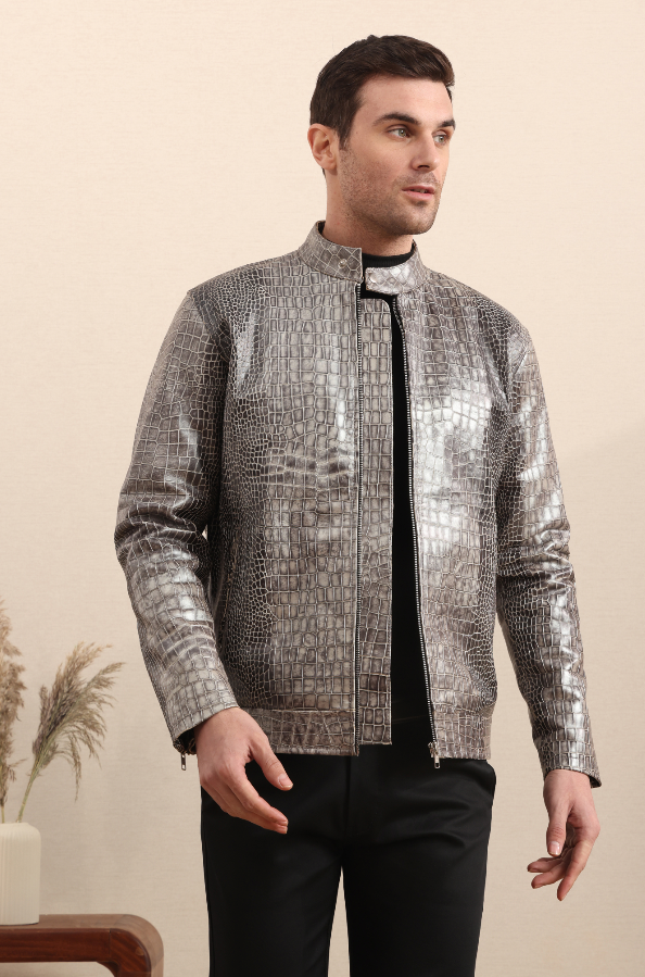 Stormscale – Metallic Crocodile Embossed Leather Jacket