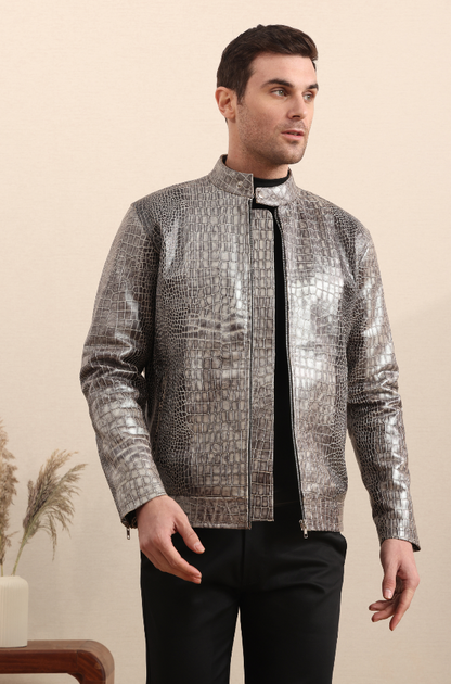 Stormscale – Metallic Crocodile Embossed Leather Jacket