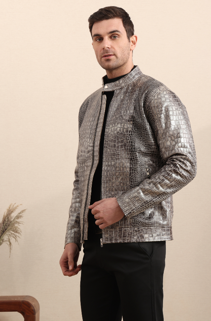 Stormscale – Metallic Crocodile Embossed Leather Jacket