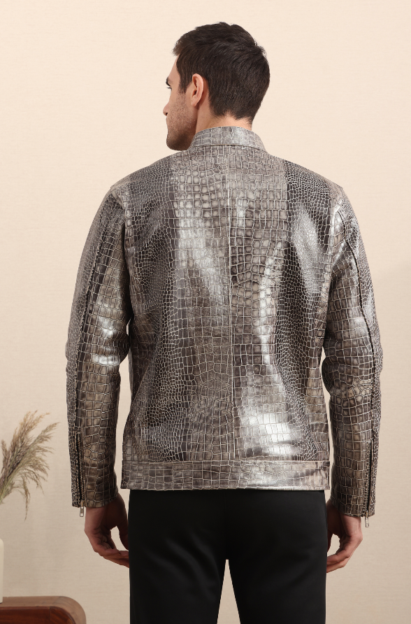 Stormscale – Metallic Crocodile Embossed Leather Jacket
