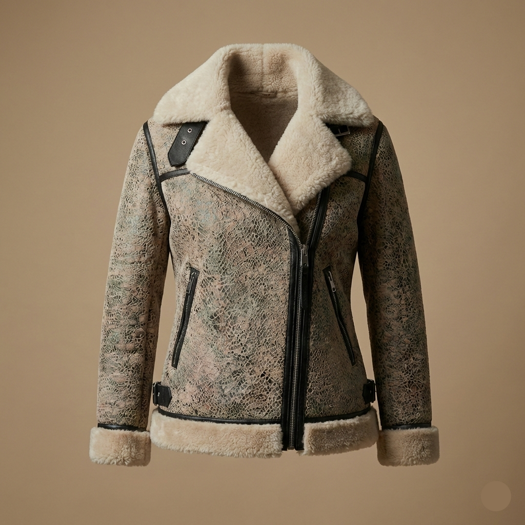 Women's cream crackled shearling biker jacket with black leather trim and silver hardware by Kingsmen Couture.