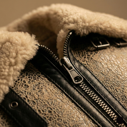 Close-up of a textured jacket with a zipper