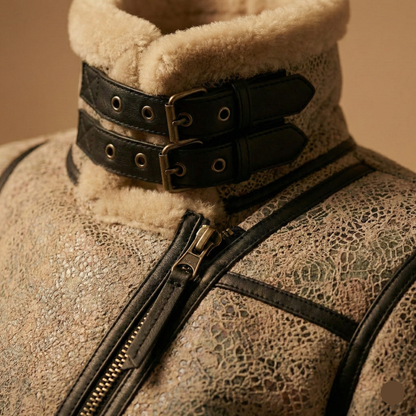 Close-up of a textured jacket with leather straps and zipper on a beige background