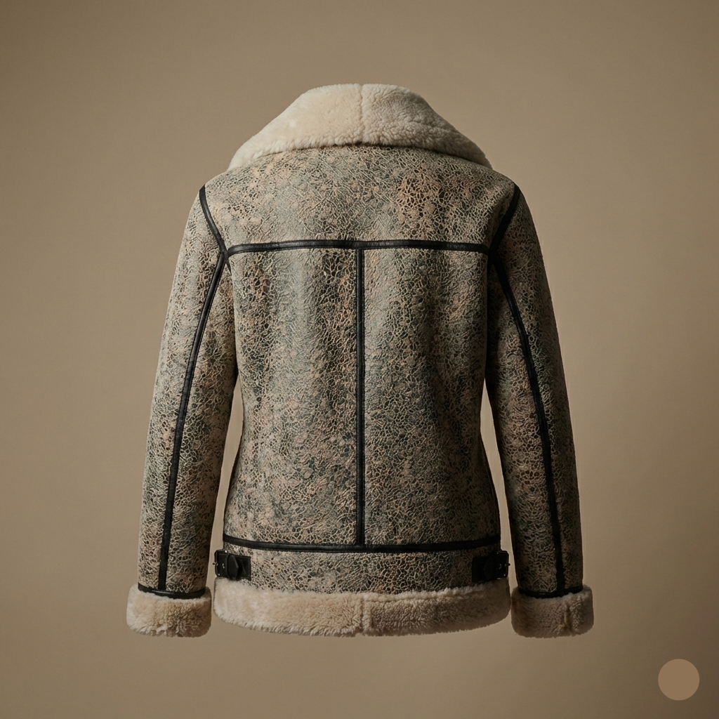 Women's cream crackled shearling biker jacket with black leather trim and silver hardware by Kingsmen Couture.