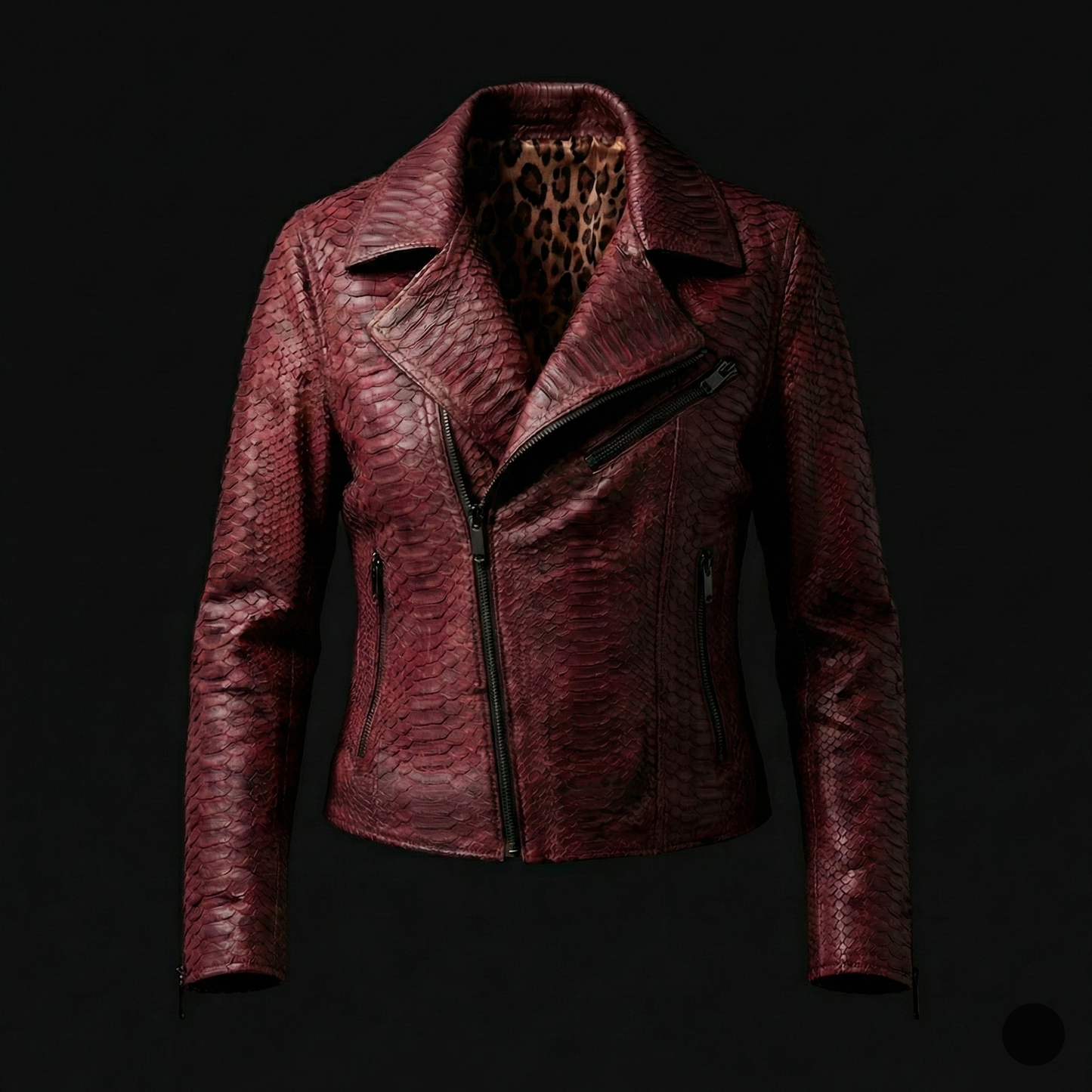 Red leather jacket with a leopard print lining on a black background
