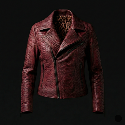 Red leather jacket with a leopard print lining on a black background
