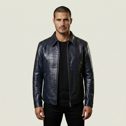 Man wearing a dark leather jacket on a beige background