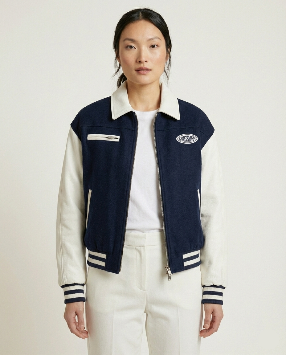 Person wearing a navy and white jacket with visible branding on a plain background