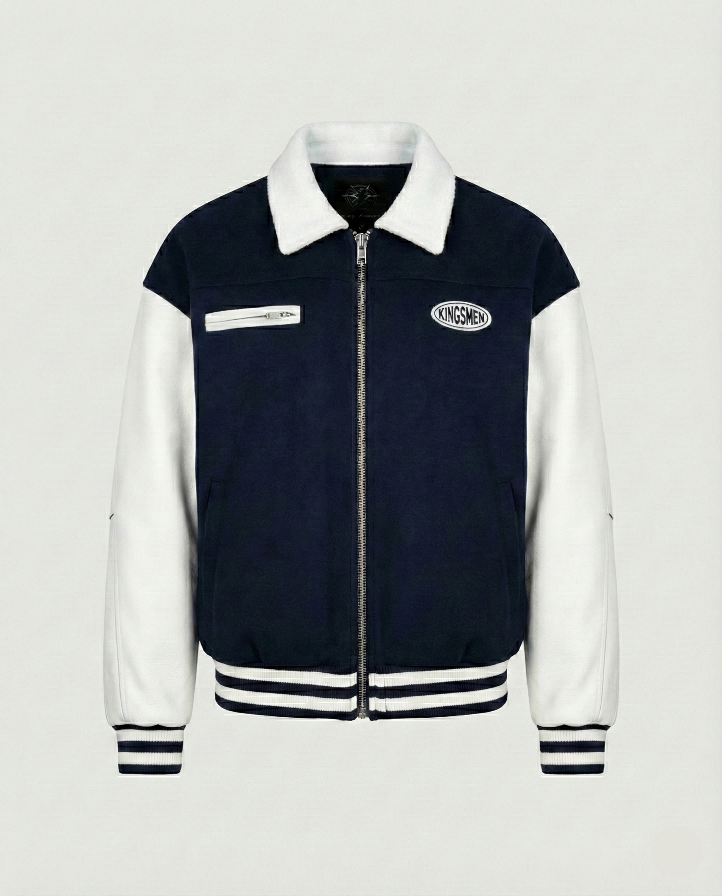 Navy and white varsity jacket with a brand logo on a light gray background