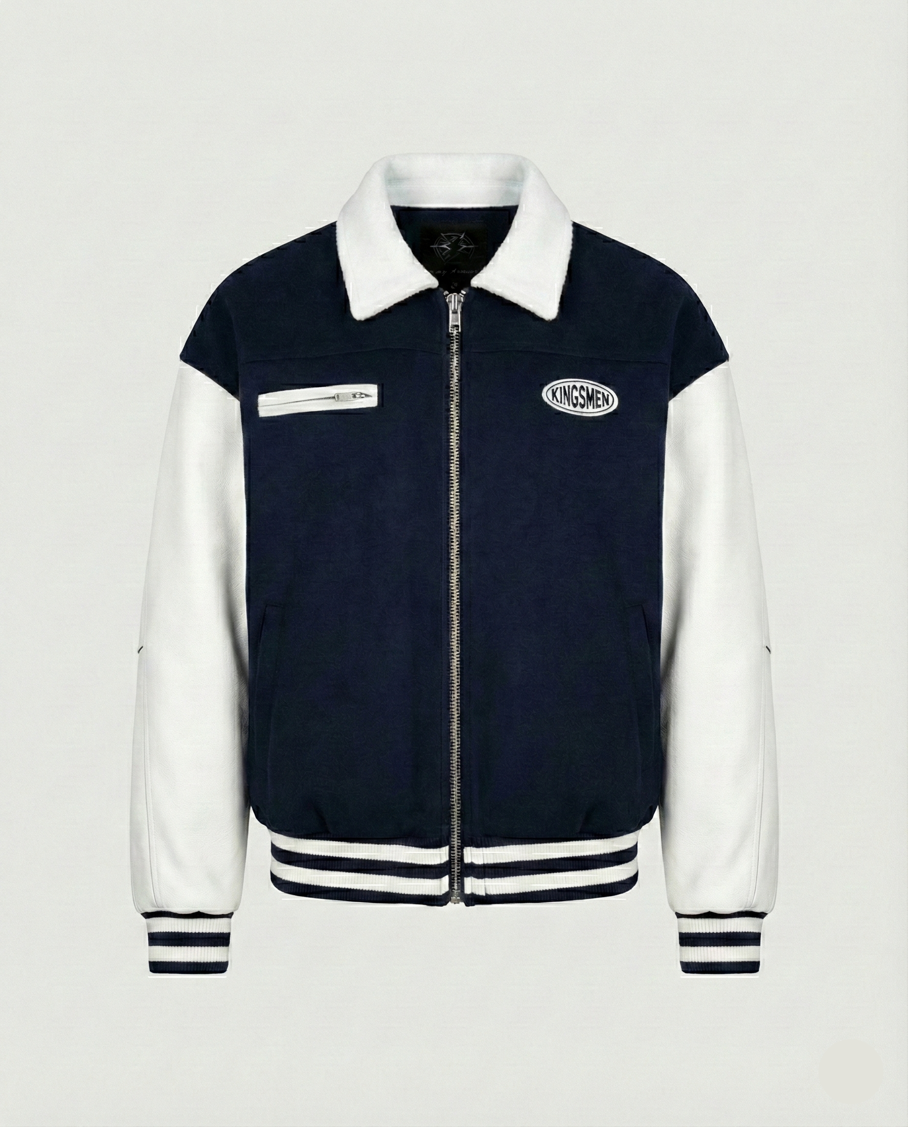 Navy and white varsity jacket with a brand logo on a light gray background