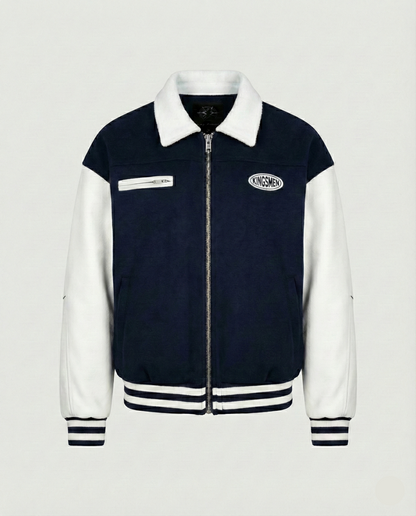 Navy and white varsity jacket with a brand logo on a light gray background