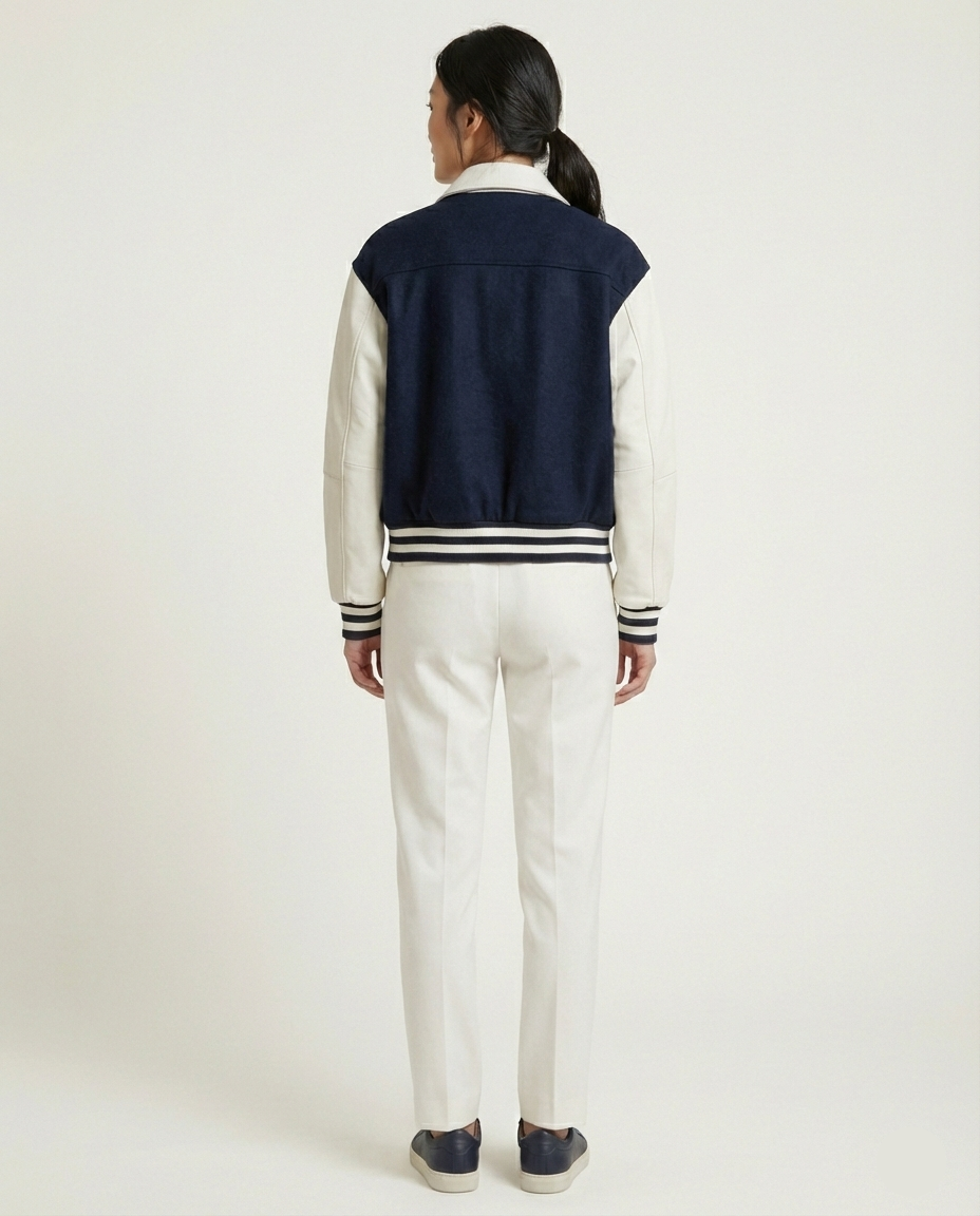 Person wearing a navy and white varsity jacket on a white background