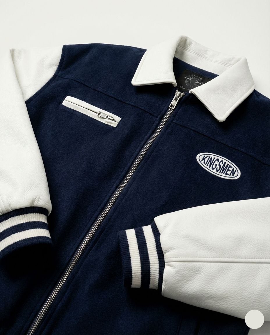Navy and white jacket with 'Kingsmen' logo on a light gray background