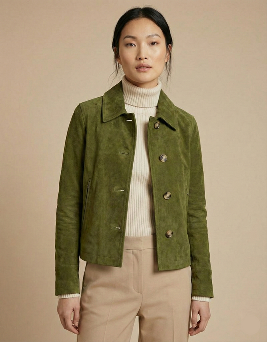 Woman wearing a green jacket over a white sweater on a beige background