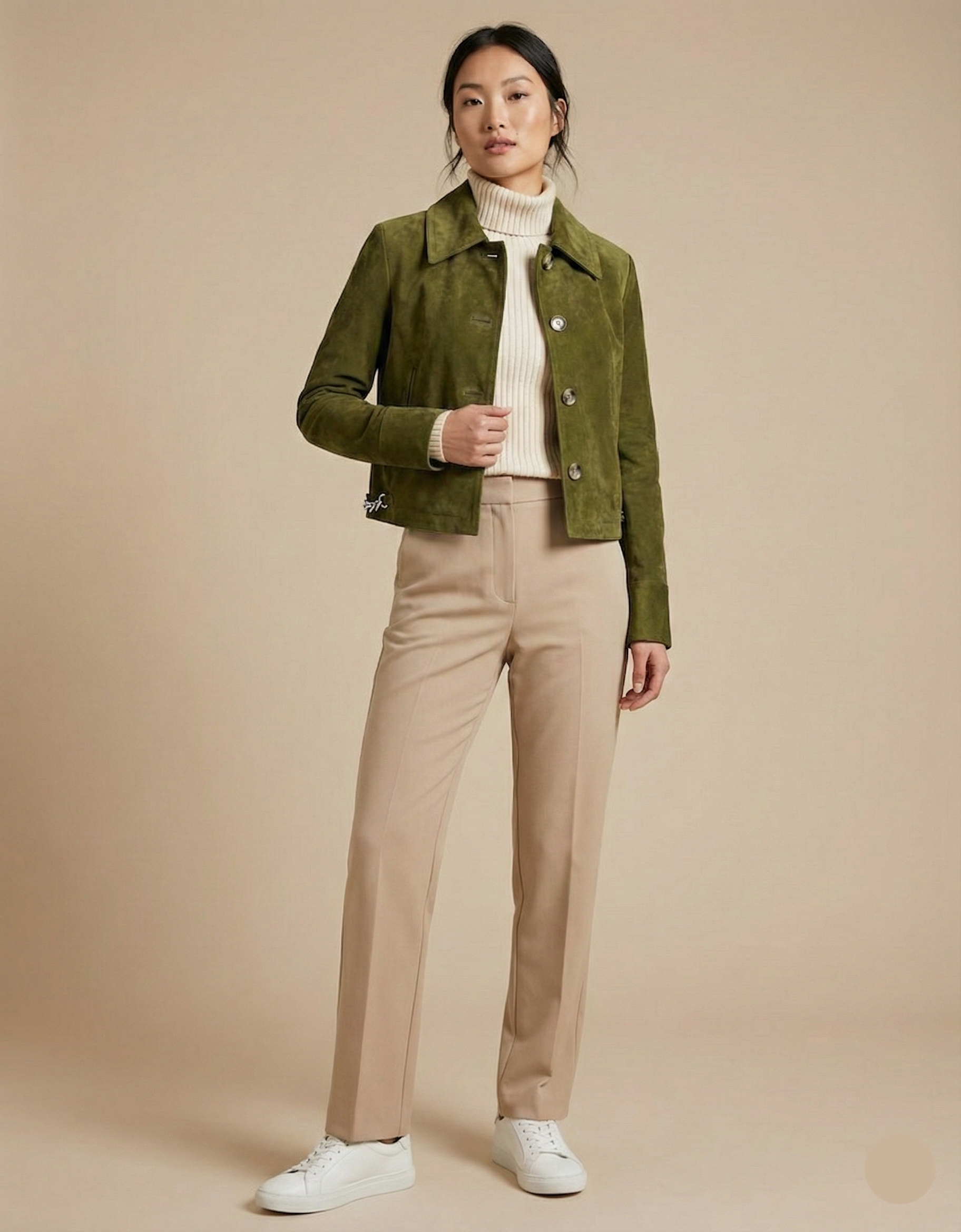 Woman wearing a green jacket, white turtleneck, beige pants, and white sneakers on a beige background