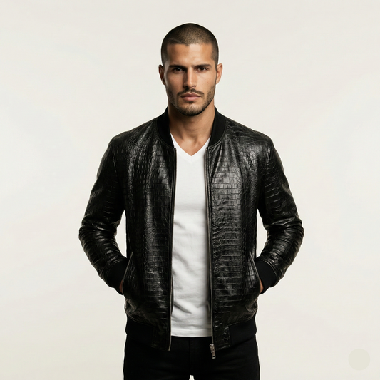 Man wearing a black leather jacket on a light background