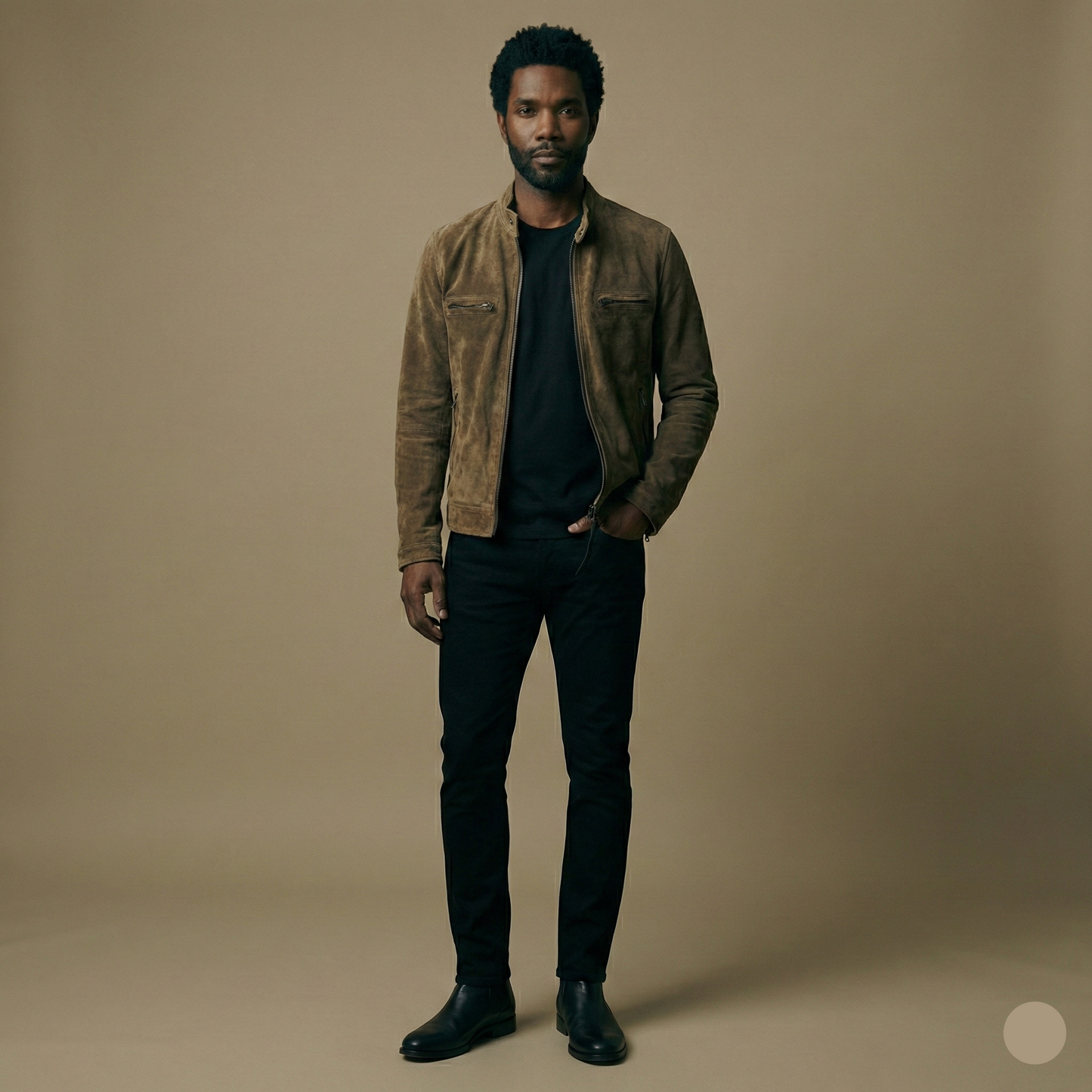 Man wearing a brown jacket and black pants against a beige background