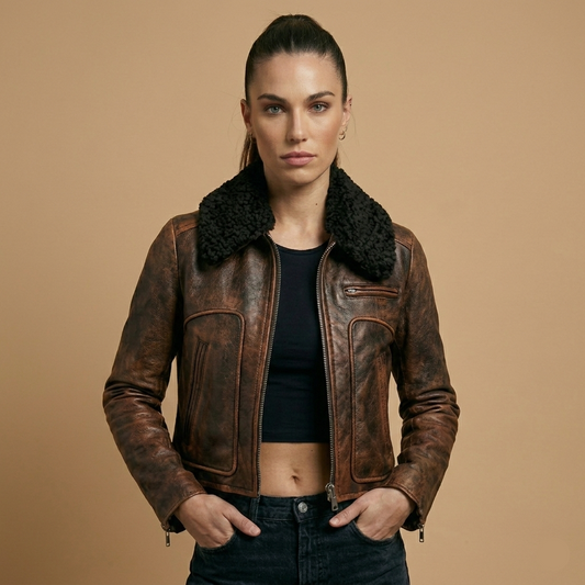 Woman wearing a brown leather jacket with black fur collar on a beige background