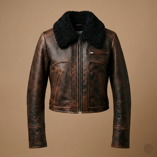 Brown leather jacket with black shearling collar on a beige background