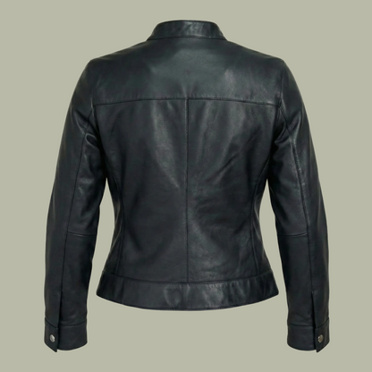 Black leather jacket on a gray background