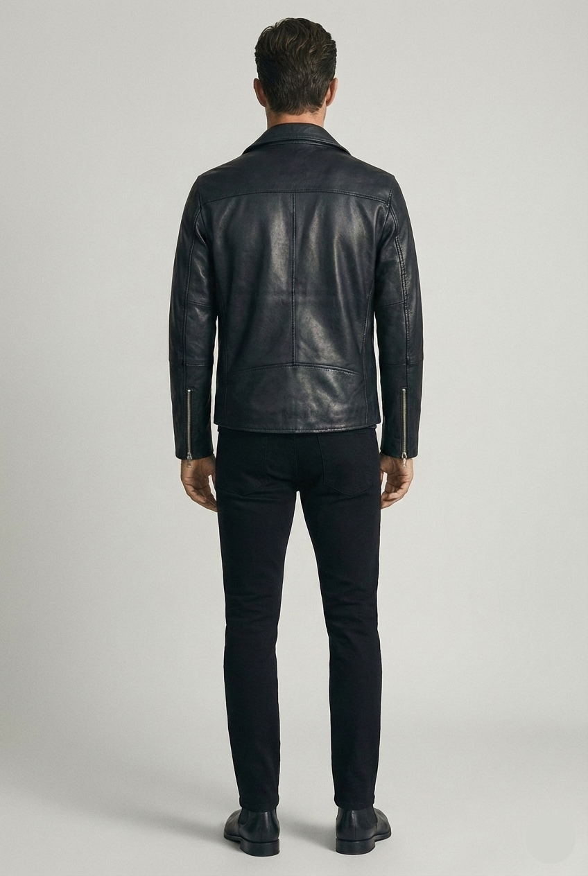 Men's black leather asymmetrical biker jacket with notched lapels and silver hardware by Kingsmen Couture.