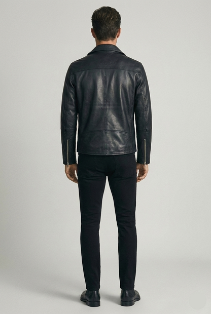 Men's black leather asymmetrical biker jacket with notched lapels and silver hardware by Kingsmen Couture.